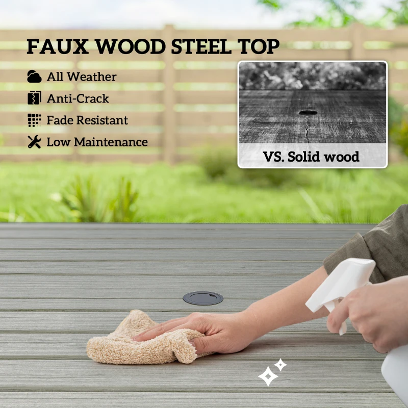 Outsunny Outdoor Dining Table for 4, Square Patio Table with Umbrella Hole, Shelf, Slatted Faux Wood Steel Top, Grey