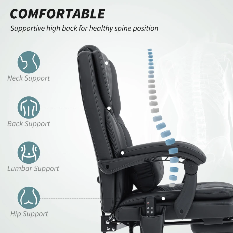 HOMCOM Office Chair with Massage, Pet-Friendly Faux Leather Reclining Desk Chair with Lumbar Support, Footrest, Black