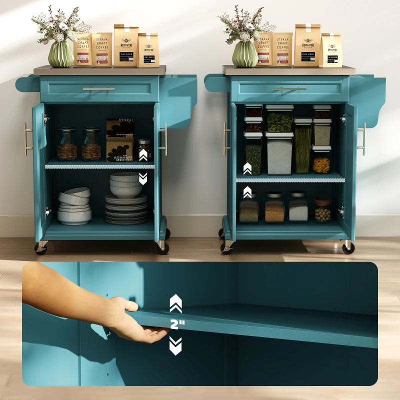 HOMCOM Kitchen Island with Wheels, Rolling Kitchen Island with Storage, Stainless Steel Countertop for Dining Room, Blue