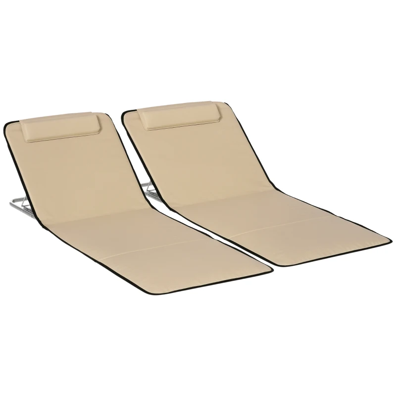 Outsunny 2 Pieces Beach Lounge Chair, Outdoor Folding Chaise Lounge Set w/ Pillow for Sunbath, Snap, Beige