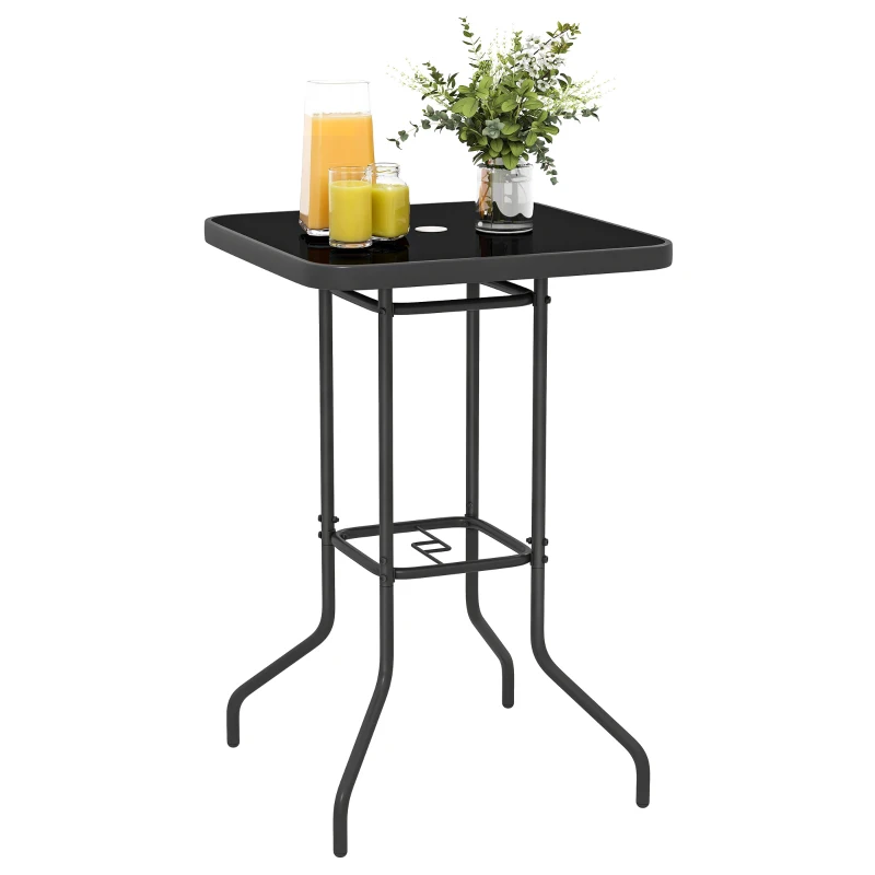 Outsunny Outdoor Bar Table with Umbrella Hole, 41.3" Bar Height Patio Table with Glass Top and Metal Frame, Black
