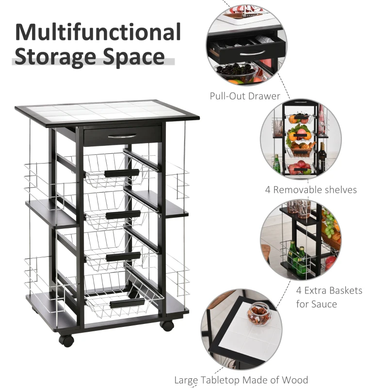 HOMCOM 4-Tier Kitchen Trolley Cart on Rolling Wheels with 4 Removable Baskets, 4 Side Rack  Organizer,Ceramics Tile Top