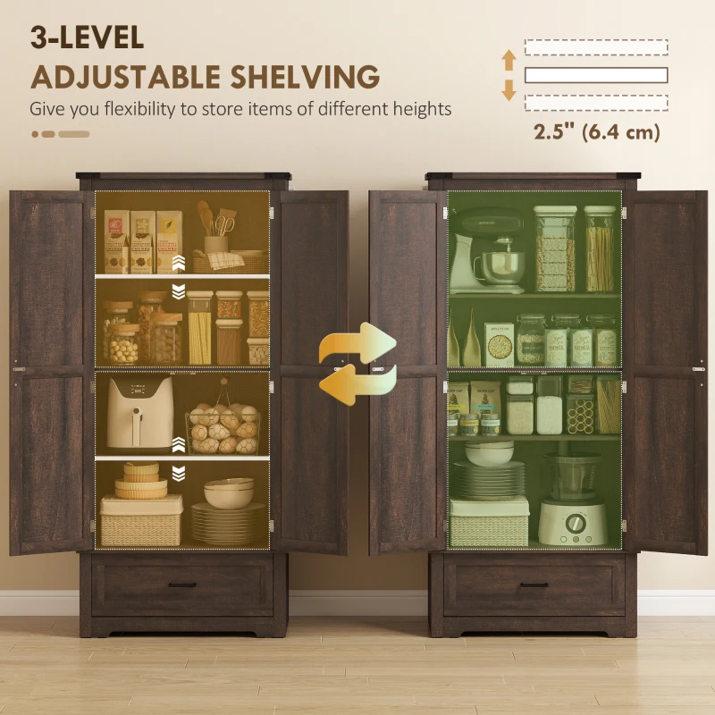 HOMCOM 69" Tall Farmhouse Kitchen Pantry Cabinet with 2 Doors, Drawer and Adjustable Shelves, Dark Brown