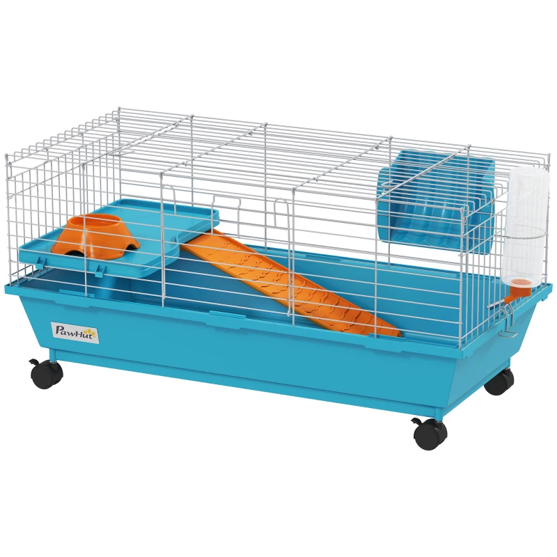 PawHut 35"L Small Animal Cage, Rolling Bunny Cage, Guinea Pig Cage with Wheels, Food Dish, Water Bottle, Hay Feeder, Blue