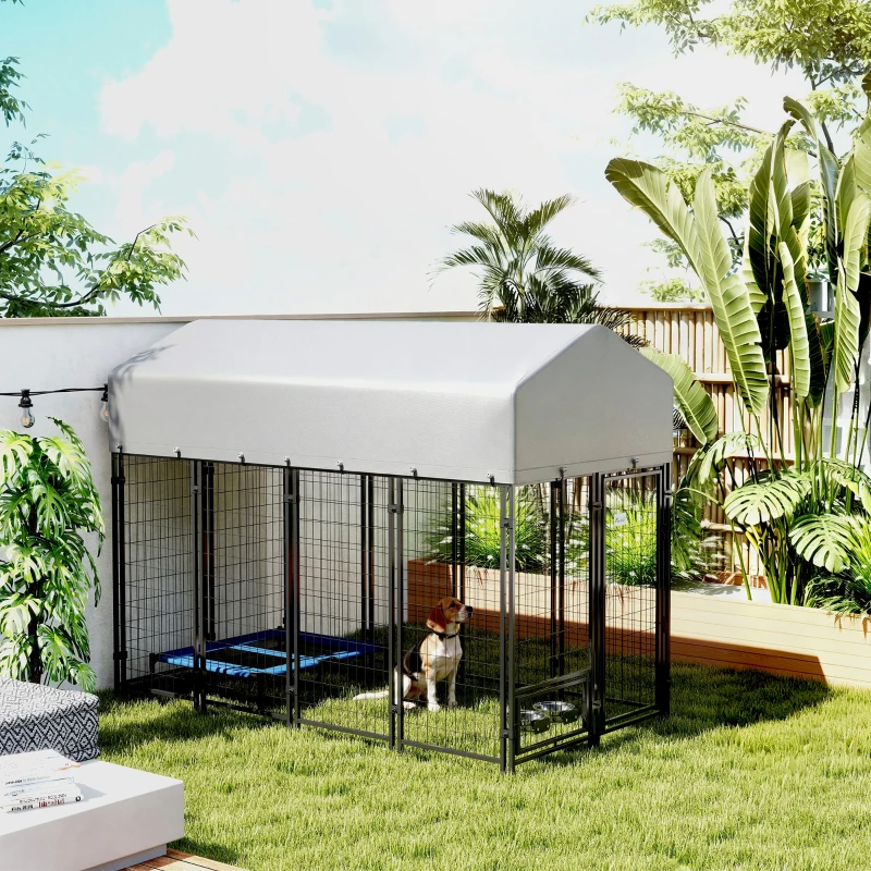 PawHut 8' x 4' x 6' Outdoor Dog Kennel, Dog Kennel Outside Run with 360° Rotating Bowls, Waterproof & UV Resistant Cover