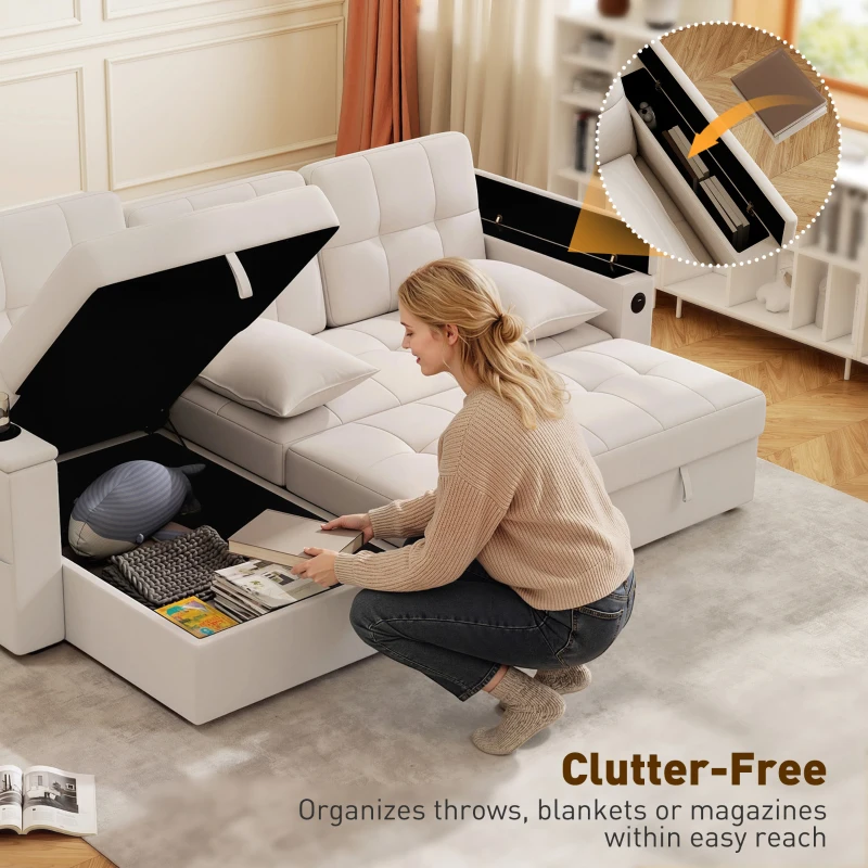 HOMCOM Convertible Sectional Sofa Bed, Pull Out Sleeper Sofa Couch with USB‑A+C, Chaise Storage, L-Shaped Futon Couch, Beige