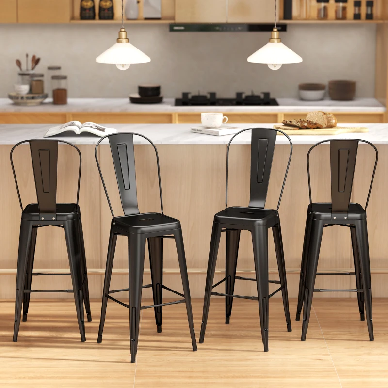 HOMCOM 24" Set of 4 Bar Stools Kitchen Industrial Breakfast Bistro Cafe Metal Frame Black
