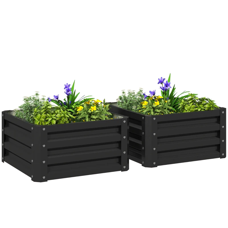 Outsunny 2' x 2' x 1' 2-Pieces Raised Garden Bed w/ Galvanised Steel Frame for Vegetables Flowers Herbs, Black