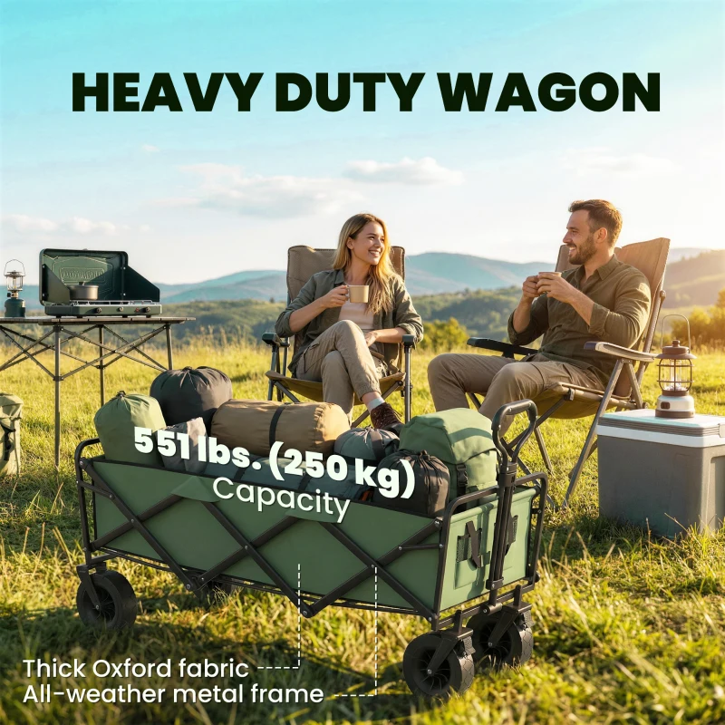 Outsunny 130L Folding Garden Cart with Wheels, Heavy-Duty Collapsible Wagon with Brakes, Green