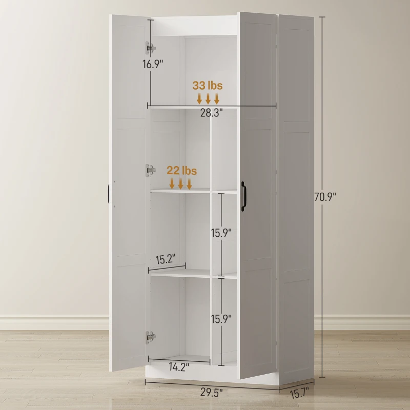 HOMCOM Farmhouse Pantry Cabinet, 71" Tall Kitchen Pantry Storage Cabinet with Soft-Close Hinges, Adjustable Shelves, White