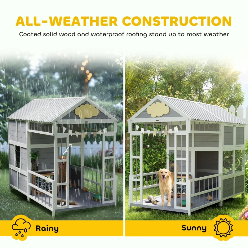 PawHut 79"L Large Dog House Outdoor, Wooden Dog Kennel with Porch, Storage Cabinet,Weatherproof Roof, Windows