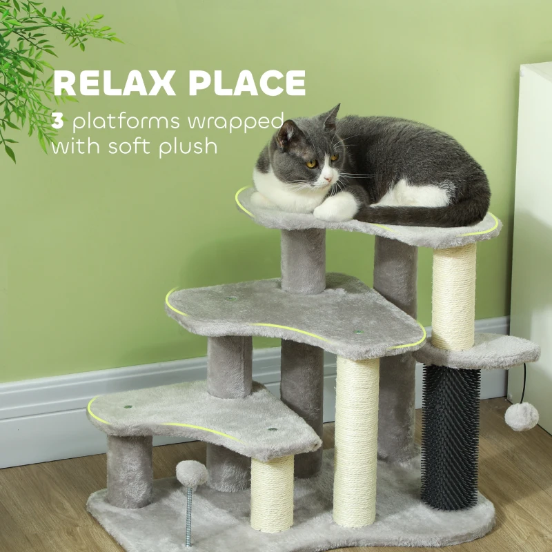 PawHut 2 in 1 Cat Tree Tower 3-Step Pet Stairs with Scratching Posts, Tickling Post, Toy Balls, for High Beds, Couch