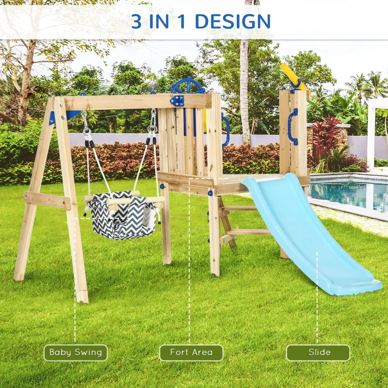 Outsunny Wooden Kids Swing Set with Slide, Swing Seat, Captain's Wheel, Telescope, for Ages 18-48 Months, Natural