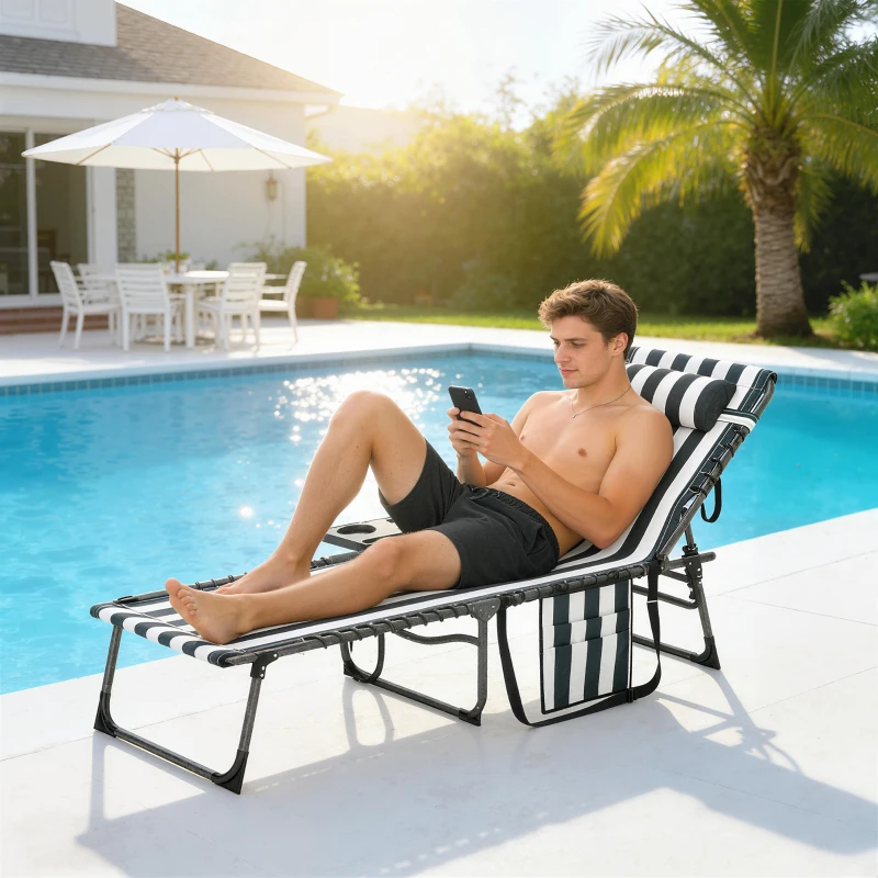 Outsunny Folding Outdoor Chaise Lounge Chair Tanning Chair with 5-Level Adjustable Back, Side Table, Pillow, Pocket, Blue White