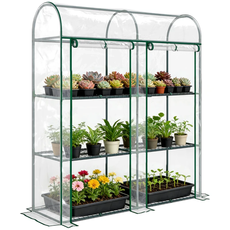 Outsunny 3 Tier Mini Greenhouse, Portable Greenhouse with 2 Roll-up Doors, 56.3" x 18.1" x 64.6", Clear