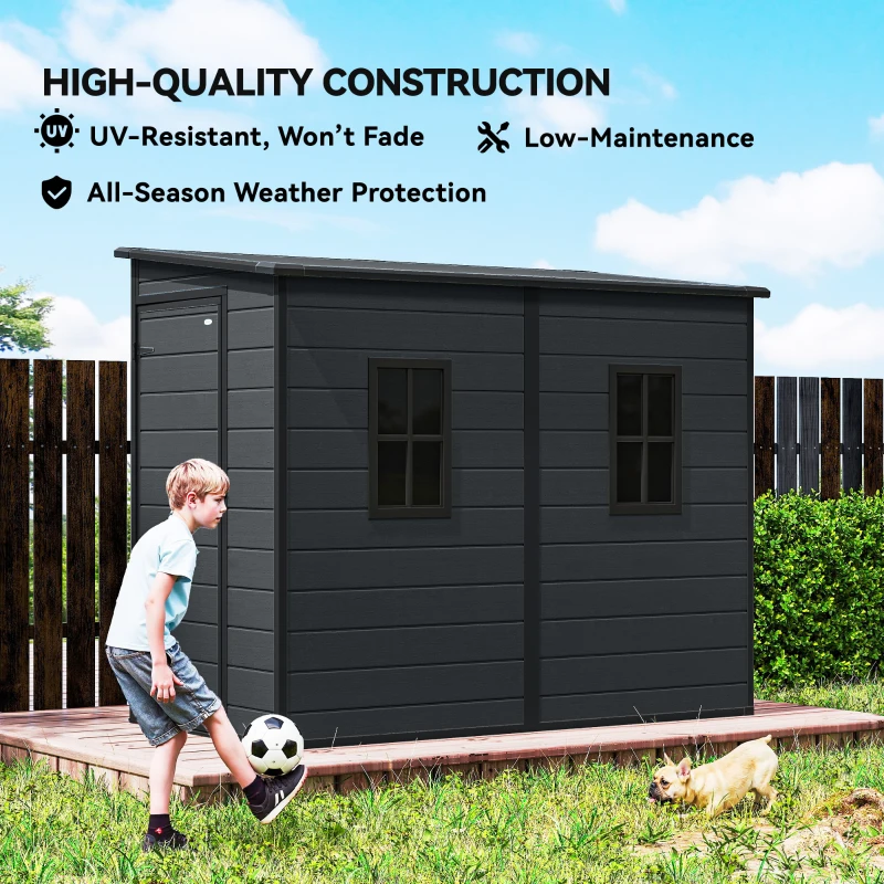 Outsunny 4.3' x 8' Outdoor Storage Shed with Floor, Garden Shed with Lockable Doors and Windows, Dark Grey