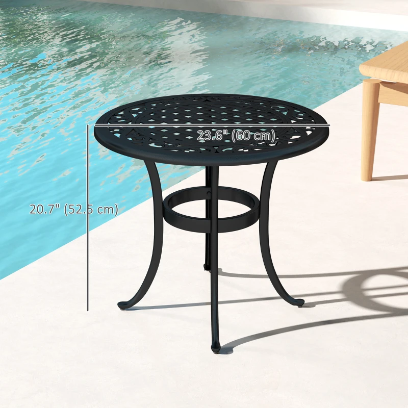Outsunny Ф23.6" Round Outdoor Side Table, Cast Aluminum Frame Patio Coffee Side Desk for Patio, Garden, Balcony, Black