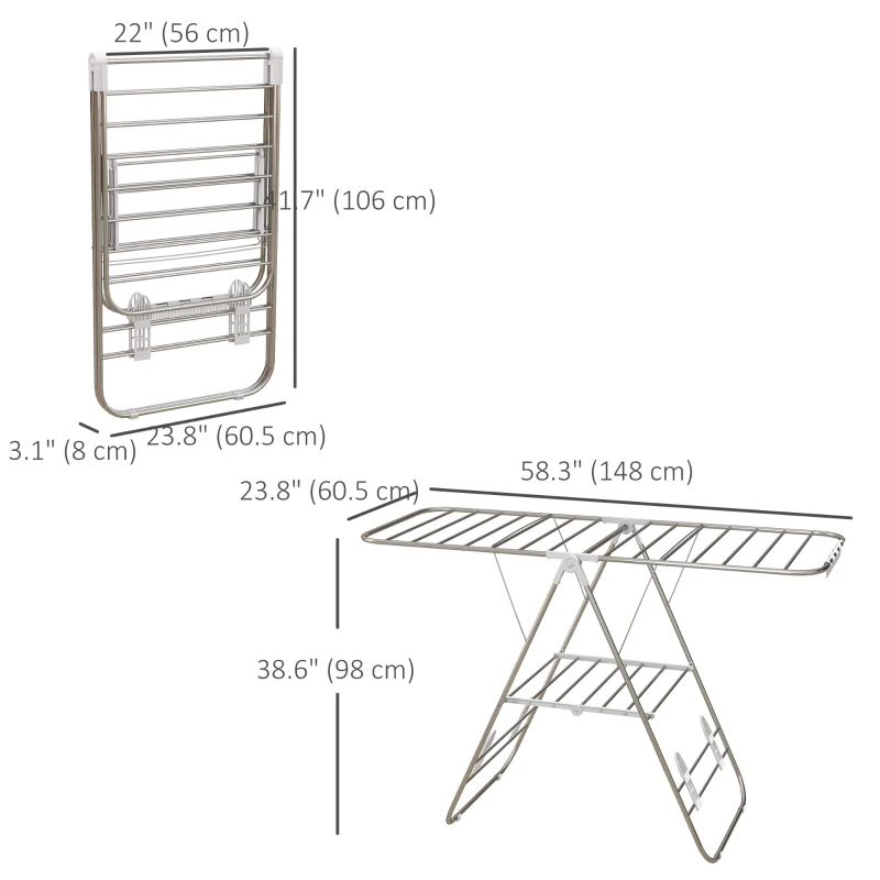 HOMCOM Clothes Drying Rack, 2-Tier Stainless Steel Foldable Laundry Rack with Adjustable Wings and Shoe Holders, Silver