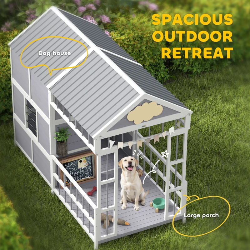 PawHut 79"L Large Dog House Outdoor, Wooden Dog Kennel with Porch, Storage Cabinet,Weatherproof Roof, Windows