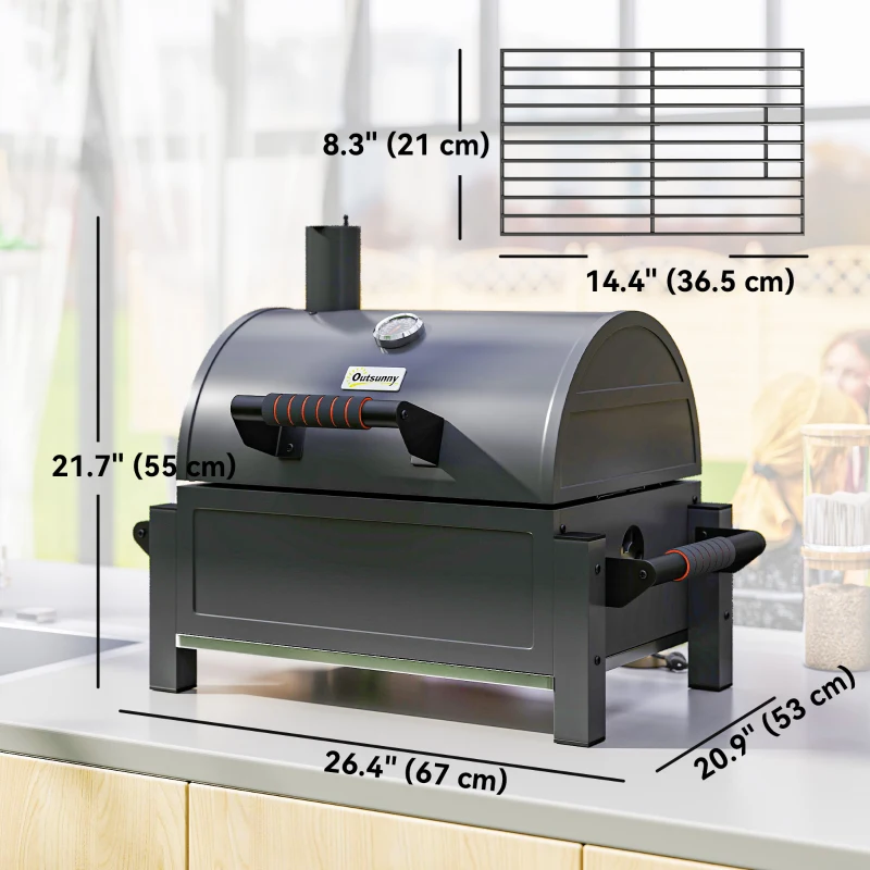 Outsunny Tabletop Charcoal Smoker, Portable BBQ with Ash Catcher and Thermometer for Backyard, Camping, Picnic, Black