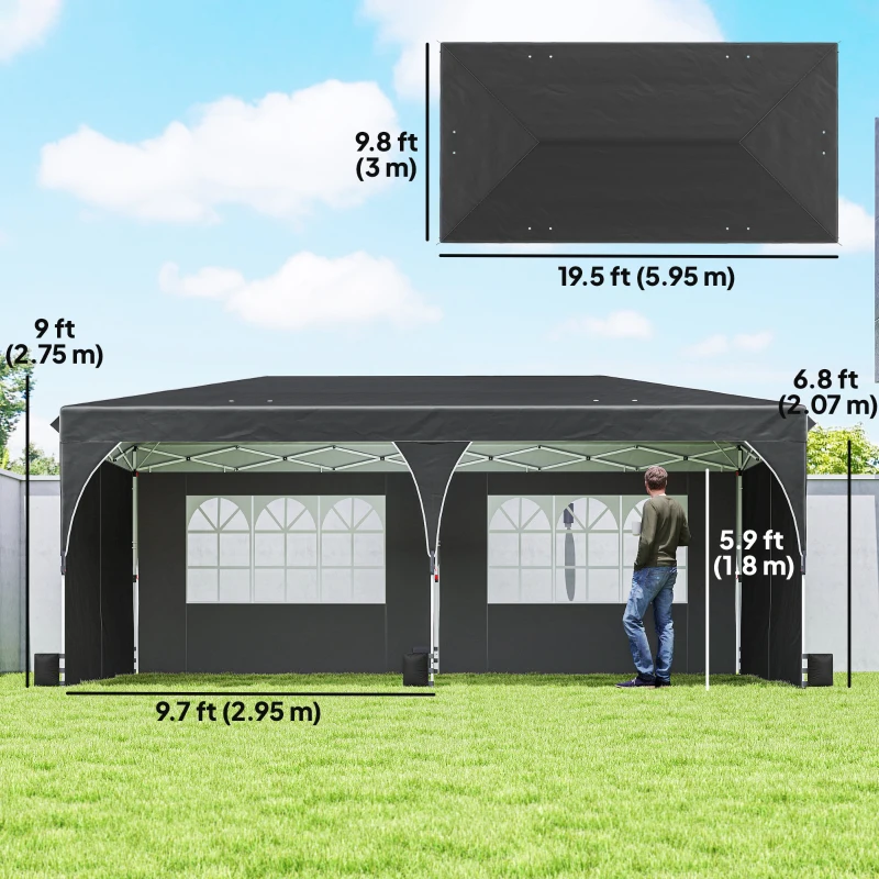 Outsunny 10 x 20 ft Pop Up Canopy Tent with Reflective Strips, UPF 50+ Easy up Instant Canopy with 6 Sanbags, Black