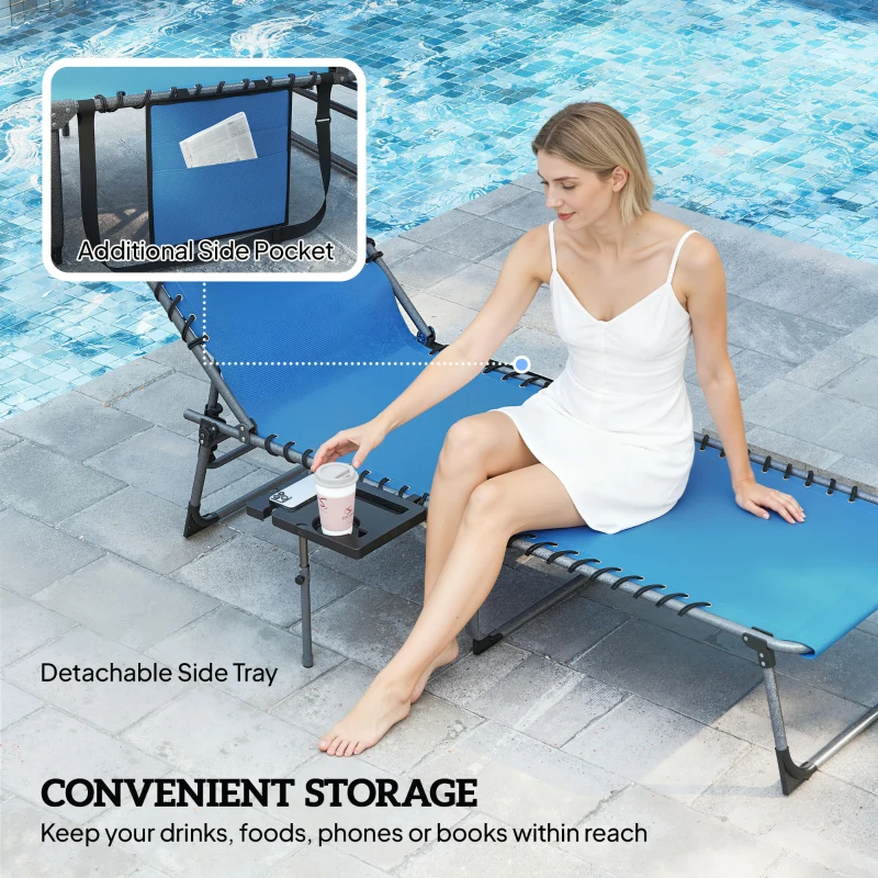 Outsunny Folding Outdoor Chaise Lounge Chair Tanning Chair with 5-Level Adjustable Back, Side Table, Pillow, Pocket, Blue
