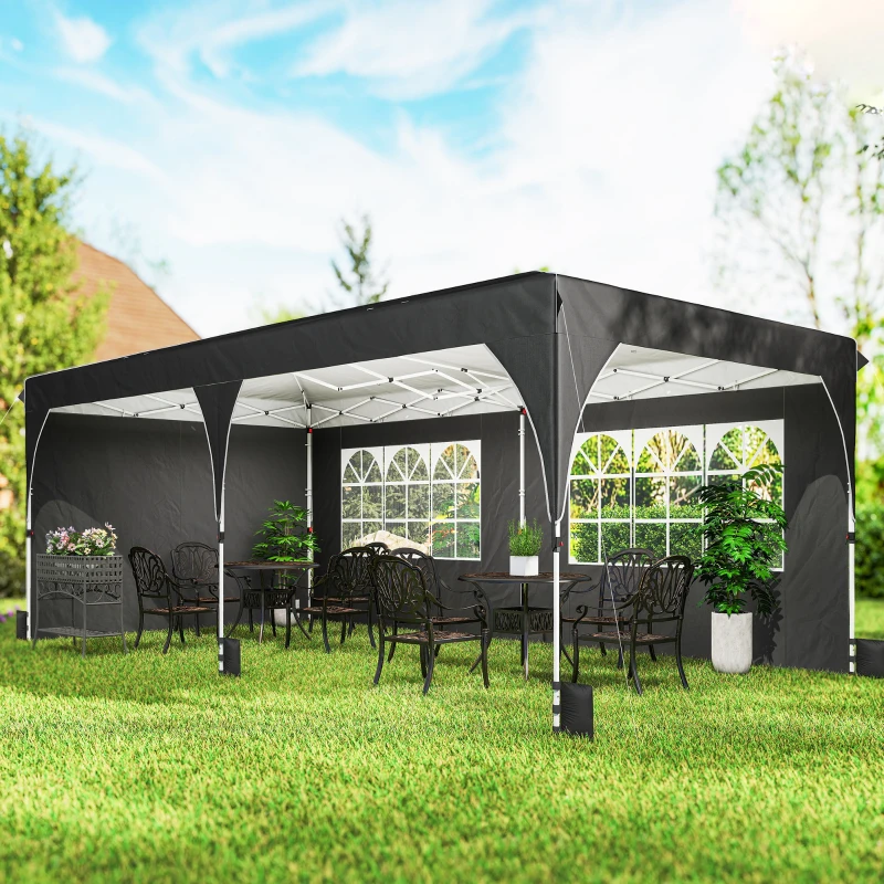 Outsunny 10 x 20 ft Pop Up Canopy Tent with Reflective Strips, UPF 50+ Easy up Instant Canopy with 6 Sanbags, Black