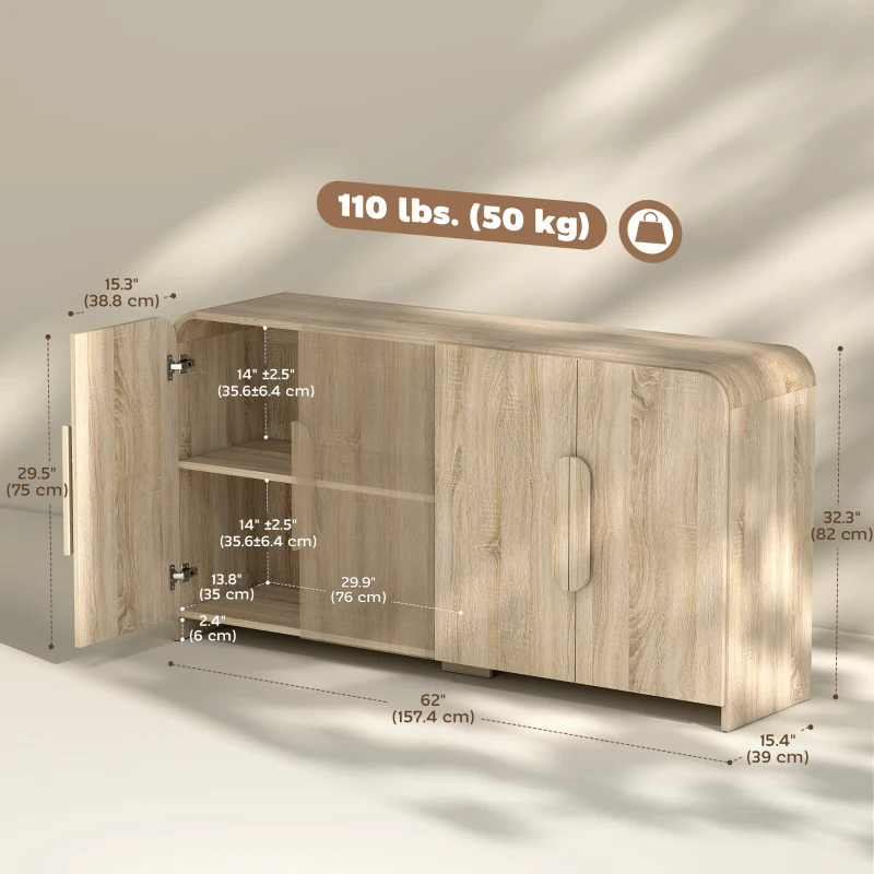 HOMCOM Sideboard Buffet Cabinet, 62" Modern Kitchen Storage Cabinet with Soft-Close Doors and Adjustable Shelves, Natural Wood