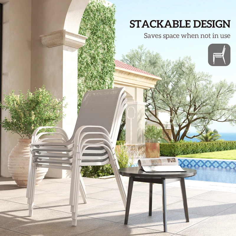 Outsunny Set of 4 Outdoor Dining Chairs, Stackable Lawn Chairs with High Back, Breathable Mesh Seat for Garden Porch, White