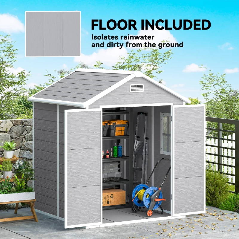 Outsunny 6' x 5' Plastic Outdoor Storage Shed, Garden Shed with Floor, Window, Lockable Doors and Vents, Wood Effect Grey