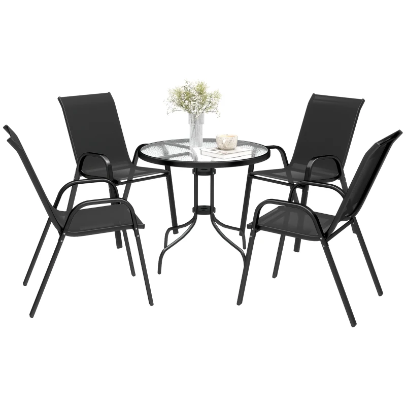 Outsunny Five-Piece Steel Patio Set, with Glass-Top Table - Black