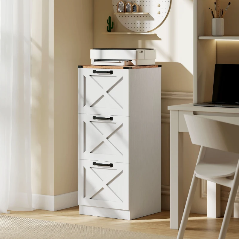 HOMCOM 3 Drawer File Cabinet with Silent Slides, Vertical Farmhouse Filing Cabinet Fits Letter/A4 Size Home Office, White