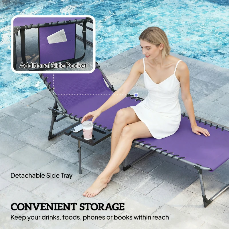 Outsunny Folding Outdoor Chaise Lounge Chair Tanning Chair with 5-Level Adjustable Back, Side Table, Pillow, Pocket, Purple