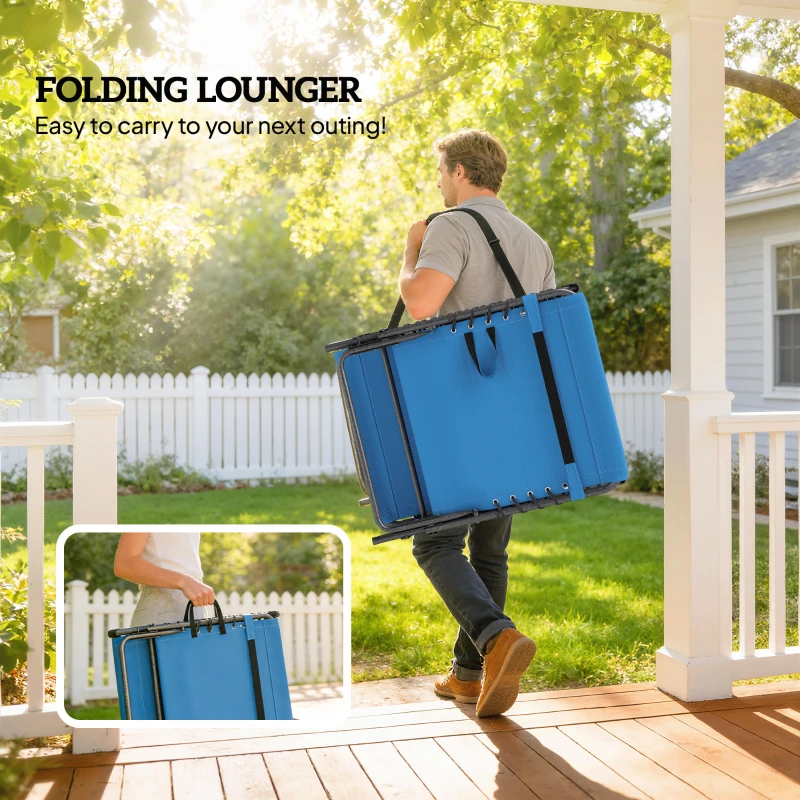 Outsunny Folding Outdoor Chaise Lounge Chair Tanning Chair with 5-Level Adjustable Back, Side Table, Pillow, Pocket, Blue