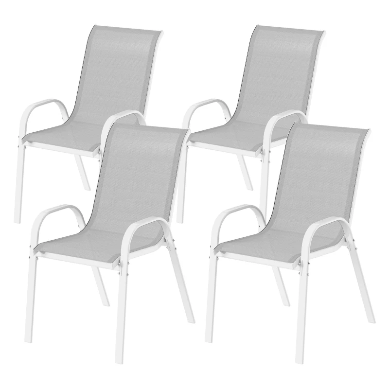 Outsunny Set of 4 Outdoor Dining Chairs, Stackable Lawn Chairs with High Back, Breathable Mesh Seat for Garden Porch, White