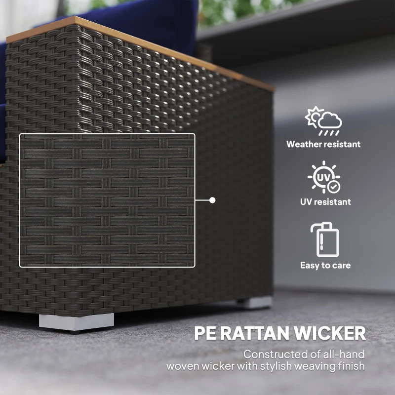 Outsunny 3-Seater Outdoor Sofa Couch, PE Wicker Patio Sofa with Cushions, Wood Grain Armrests, Dark Blue