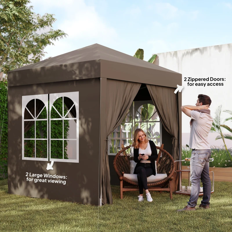 Outsunny 6.6'x6.6' Pop Up Canopy Tent with Sidewalls, Instant Sun Shelter Camping Gazebo with Carry Bag, Coffee