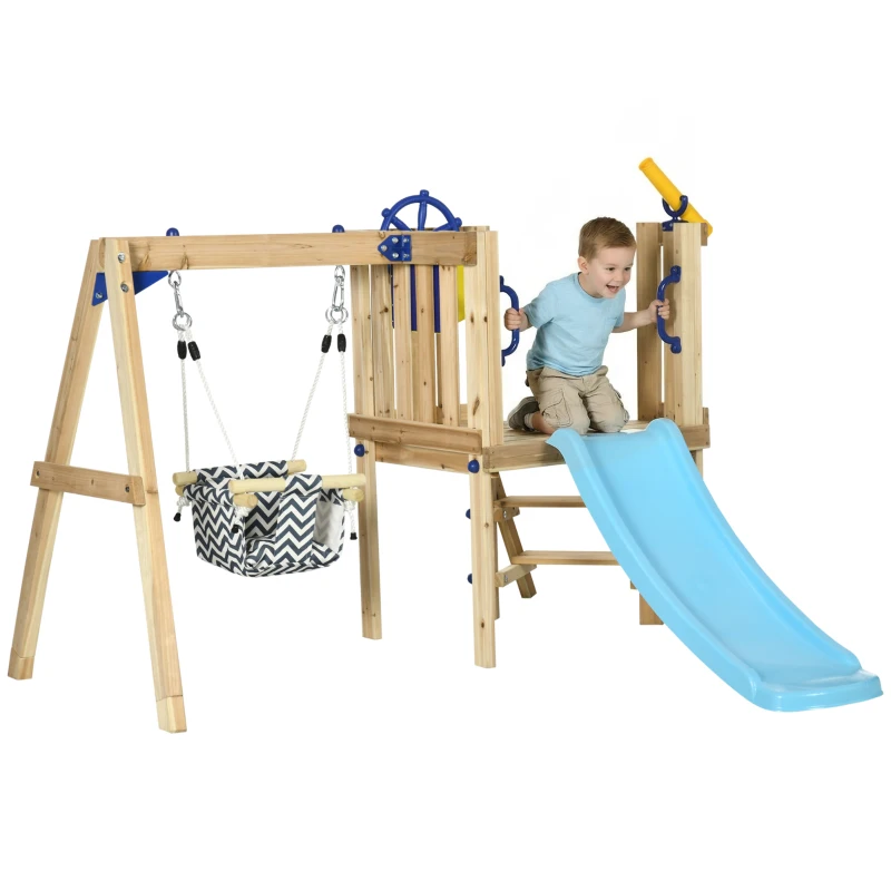 Outsunny Wooden Kids Swing Set with Slide, Swing Seat, Captain's Wheel, Telescope, for Ages 18-48 Months, Natural
