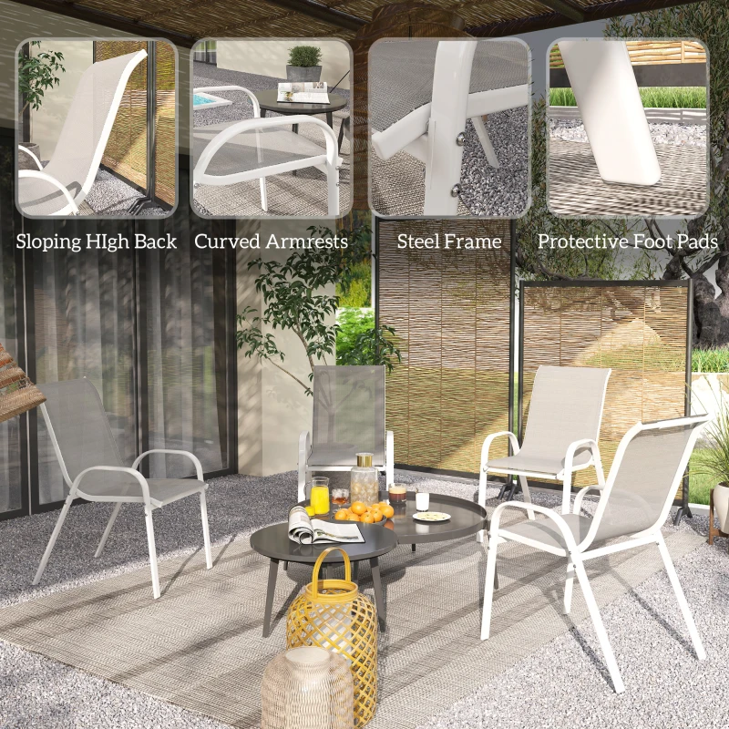 Outsunny Set of 4 Outdoor Dining Chairs, Stackable Lawn Chairs with High Back, Breathable Mesh Seat for Garden Porch, White