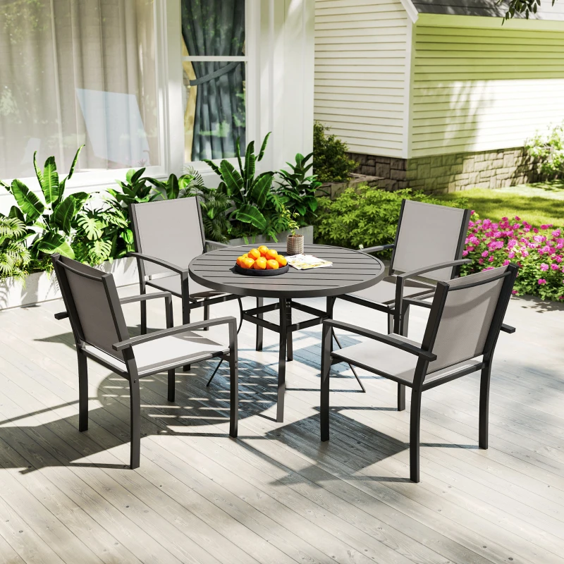 Outsunny 5 Piece Outdoor Dining Set with Round Table and 4 Stackable Chairs, for Backyard, Lawn, Deck, Balcony, Pool Side