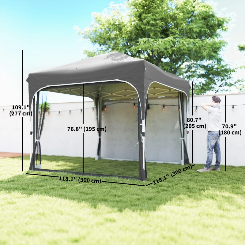 Outsunny 10 x 10 ft Pop Up Canopy Tent with Mosquito Netting, UPF 50+ Central Lock Easy Setup Outdoor Party Tent, Dark Grey