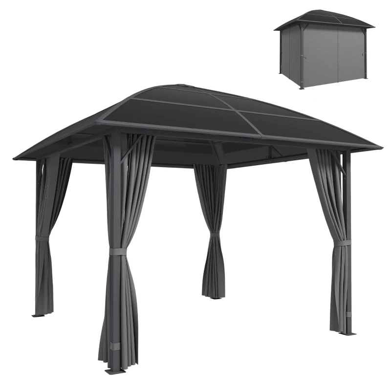 Outsunny 10' x 10' Outdoor Hardtop Gazebo Canopy with UV50+ Polycarbonate Roof, Steel Frame, Central Hook, Curtains, Light Grey