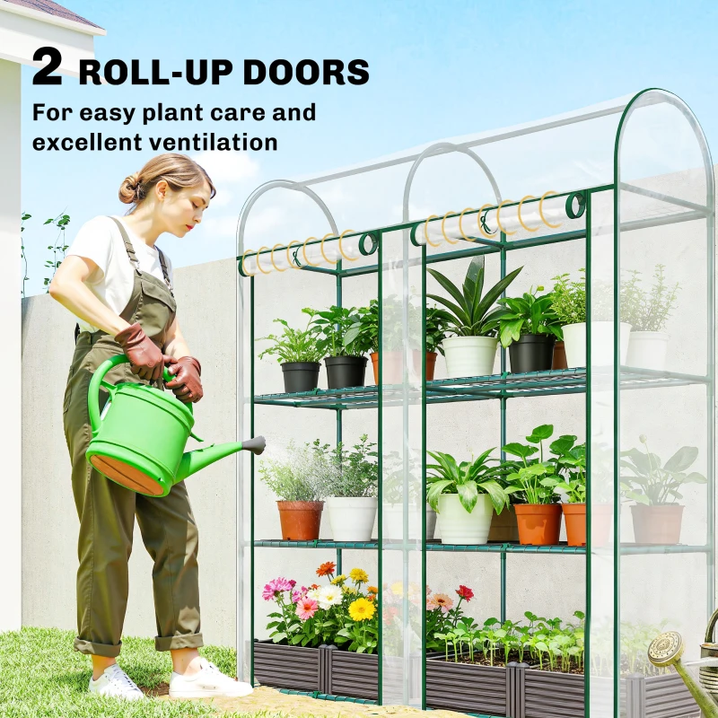 Outsunny 3 Tier Mini Greenhouse, Portable Greenhouse with 2 Roll-up Doors, 56.3" x 18.1" x 64.6", Clear