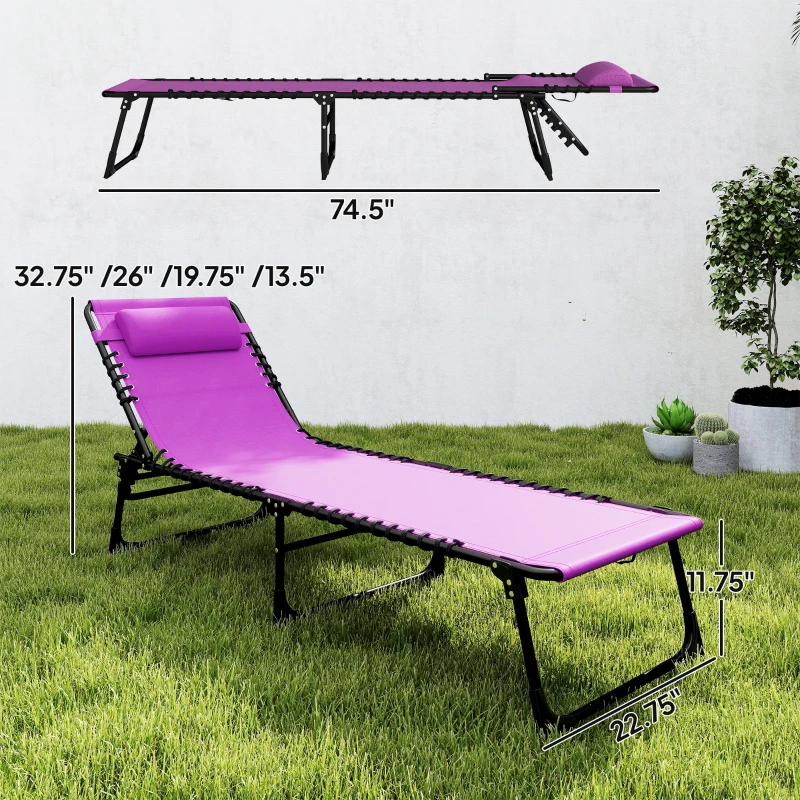 Outsunny 2 Folding Chaise Lounge Pool Chairs with 4-Position Reclining Back, Pillow, Breathable Mesh & Bungee Seat, Purple