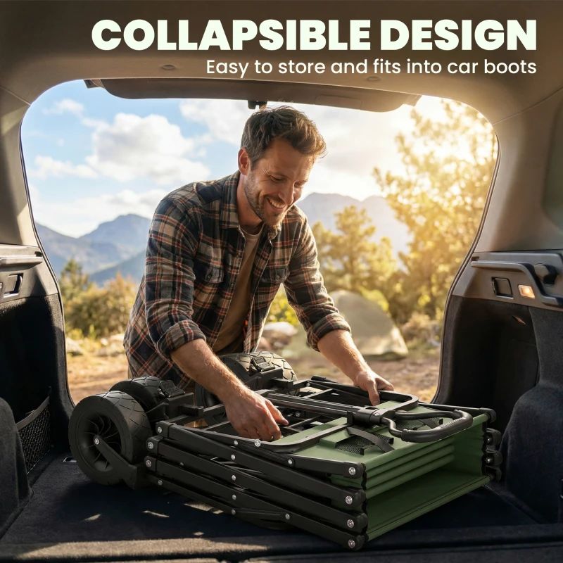 Outsunny 130L Folding Garden Cart with Wheels, Heavy-Duty Collapsible Wagon with Brakes, Green