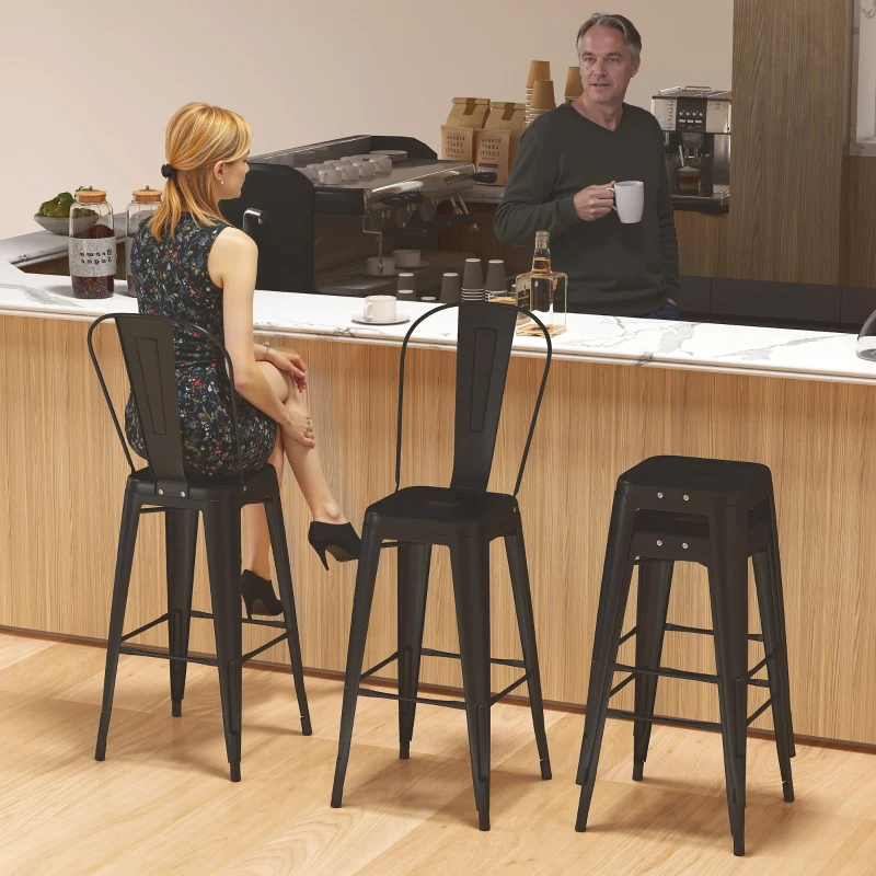 HOMCOM 24" Set of 4 Bar Stools Kitchen Industrial Breakfast Bistro Cafe Metal Frame Black