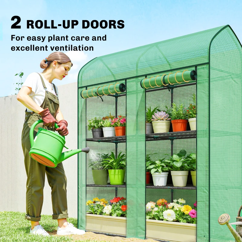 Outsunny 3 Tier Mini Greenhouse, Small Portable Greenhouse with 2 Roll-up Doors, 56.3" x 18.1" x 65", Green
