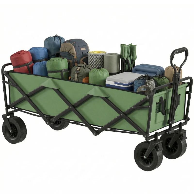 Outsunny 130L Folding Garden Cart with Wheels, Heavy-Duty Collapsible Wagon with Brakes, Green