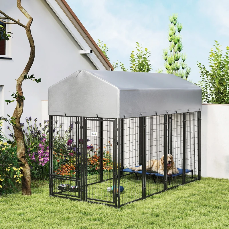 PawHut 8' x 4' x 6' Outdoor Dog Kennel, Dog Kennel Outside Run with 360° Rotating Bowls, Waterproof & UV Resistant Cover
