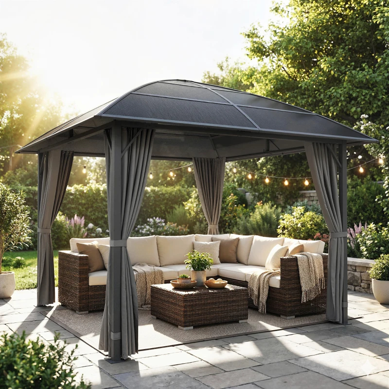 Outsunny 10' x 10' Outdoor Hardtop Gazebo Canopy with UV50+ Polycarbonate Roof, Steel Frame, Central Hook, Curtains, Light Grey
